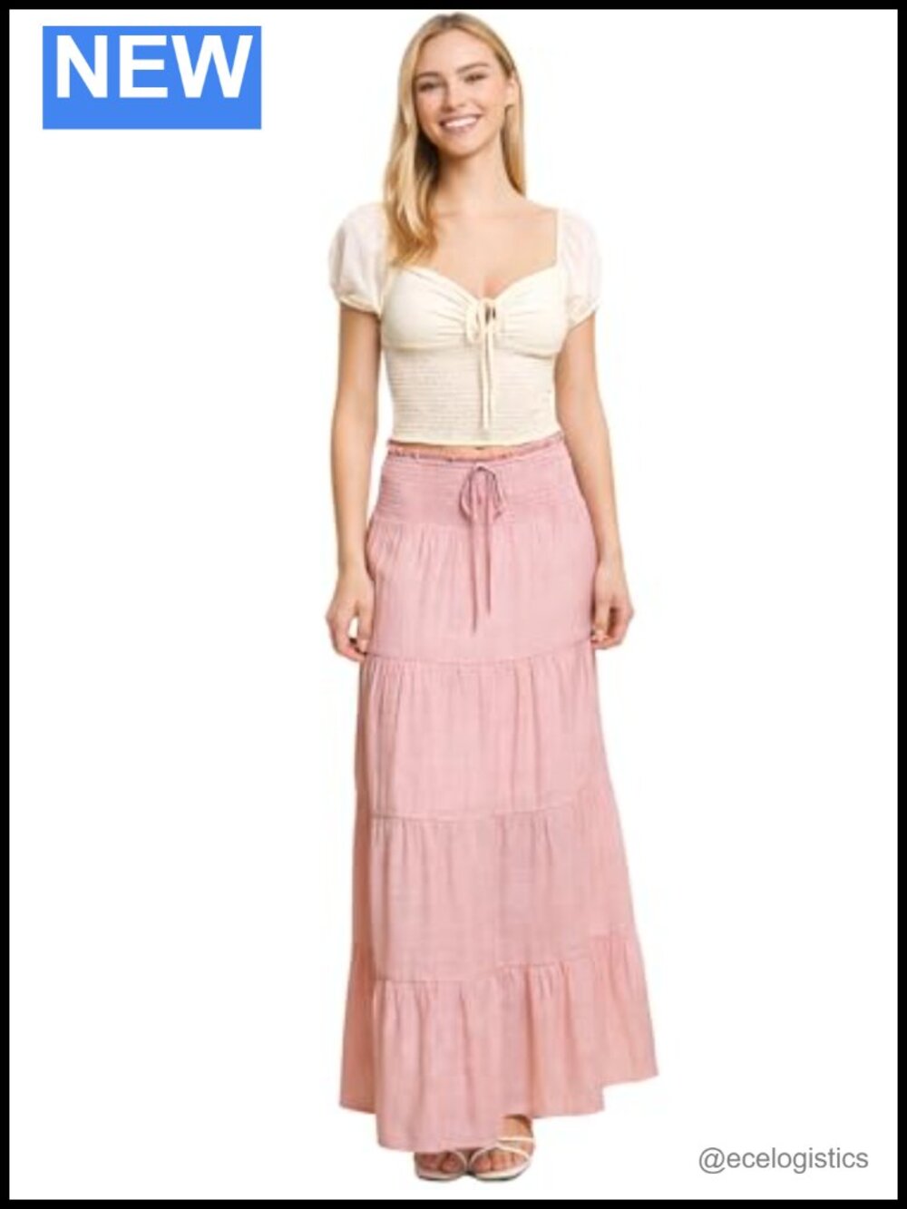 Smocked Waist Shirred Boho Maxi Skirt Full Silhouette Drawstring